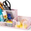 deli Mesh Desk Organizer Office Supplies Caddy with Pencil Holder and Storage Baskets for Desktop Accessories, 3 Compartments, Pink