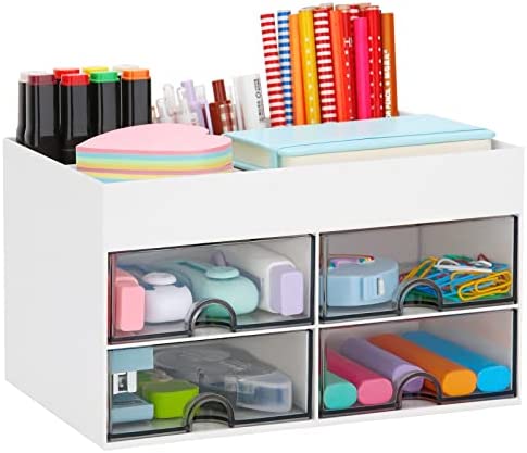 LETURE Desk Organizer Office Desktop Organizer with Drawer, Desk Top Accessories Stationary Organizer Desk Caddy, Pen/Pencil/Business Card/Sticky Note Tray/Paperclip Holder Storage Box (White)