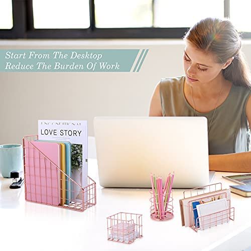 Desk Organizer Set for Women, 6 Piece Exquisite Cute Rose Gold Office Accessories, with 2 File Trays, Magazine Storage Rack,Mail Sorter, Note Holder Pen Cup. Suitable for Office, School, Home - Image 3
