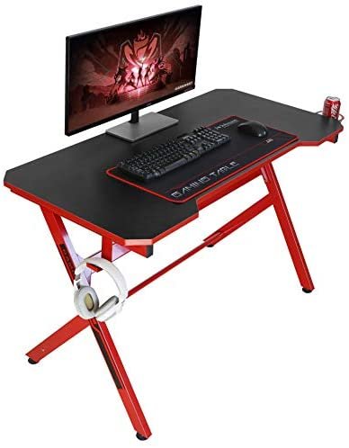 JJS 48" Home Office Gaming Computer Desk, R Shaped Large Gamer Workstation PC Table with Cup Holder Headphone Hook Free Mouse pad, Black/Red - Image 2