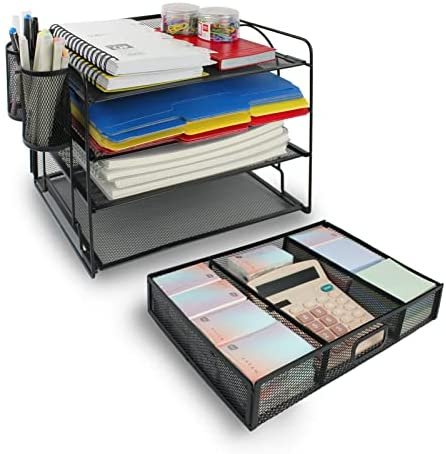FancoYard Desk Organizers Set, Mesh Office Supplies Paper File Organizer for Desk with Pen Holder, Notebook, Pencil Storage Accessories with 4 Trays + Sliding Drawer, Black - Image 3