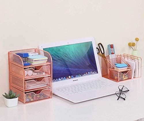 PAG Rose Gold Desk Organizer Pen Holder Office Supplies and Accessories Storage Caddy with Drawers, Set of 2 - Image 7
