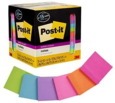 Post-it Super Sticky Notes, Assorted Bright Colors, 3 in x 3 in, 15 Pads/Pack, 45 Sheets/Pad, 2x the Sticking Power, Recyclable (654-15SSCP), Multi-color - Image 2