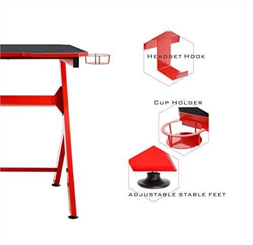 JJS 48" Home Office Gaming Computer Desk, R Shaped Large Gamer Workstation PC Table with Cup Holder Headphone Hook Free Mouse pad, Black/Red - Image 5
