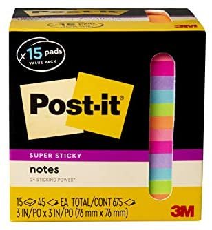 Post-it Super Sticky Notes, Assorted Bright Colors, 3 in x 3 in, 15 Pads/Pack, 45 Sheets/Pad, 2x the Sticking Power, Recyclable (654-15SSCP), Multi-color - Image 3