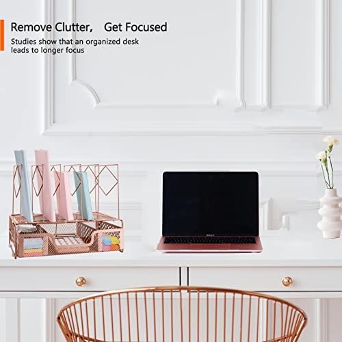 AUPSEN Desk Organizers and Accessories - Desktop Organizer for Woman, 5-Sections File Sorters + 1 Large Sliding Drawer, Office (Rose Gold) - Image 3