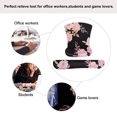 MOSISO Wrist Rest Support for Mouse Pad & Keyboard Set, Peony Ergonomic Mousepad Non-Slip Base Home/Office Pain Relief & Easy Typing Cushion with Neoprene Cloth & Raised Memory Foam, Black - Image 6