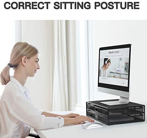 Monitor Stand Riser with Drawer - Mesh Metal Desk Organizer PC, Laptop, Notebook, Printer Holder with Pull Out Storage Drawer by HUANUO - Image 5