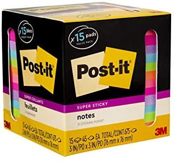 Post-it Super Sticky Notes, Assorted Bright Colors, 3 in x 3 in, 15 Pads/Pack, 45 Sheets/Pad, 2x the Sticking Power, Recyclable (654-15SSCP), Multi-color - Image 5