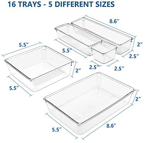 16 Pcs Desk Drawer Organizer Trays Set, GLSOGL 5-Size Clear Small & Large Plastic PET Storage Bins for Makeup, Office Supplies, Jewelries, Gadgets in Vanity Cabinet, Bathroom, Dresser, Bedroom - Image 2