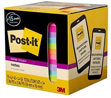 Post-it Super Sticky Notes, Assorted Bright Colors, 3 in x 3 in, 15 Pads/Pack, 45 Sheets/Pad, 2x the Sticking Power, Recyclable (654-15SSCP), Multi-color - Image 4