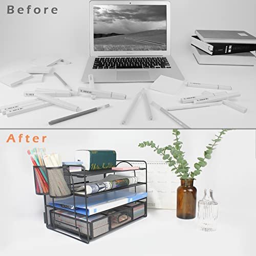 FancoYard Desk Organizers Set, Mesh Office Supplies Paper File Organizer for Desk with Pen Holder, Notebook, Pencil Storage Accessories with 4 Trays + Sliding Drawer, Black - Image 6