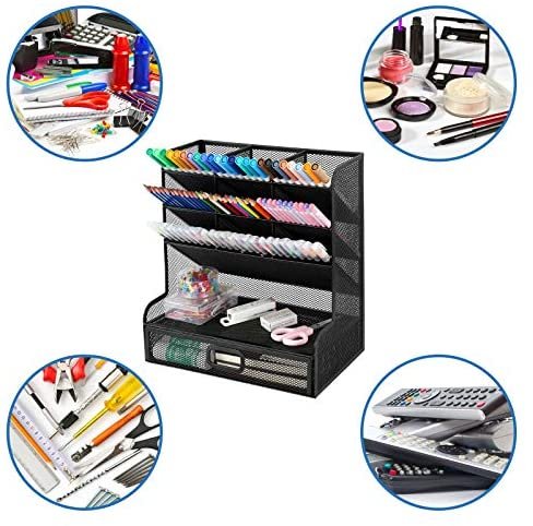 Mesh Desk Organizer, Pen Holder Desktop Organizer Storage with Drawer Marker Pencil Storage for Office School Home Art Supplies - Image 8