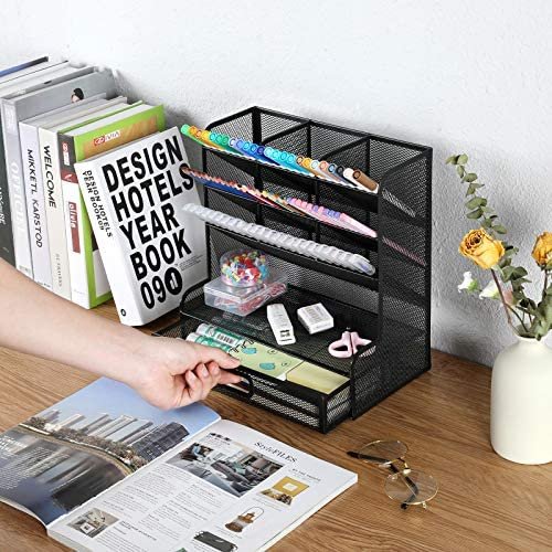 Mesh Desk Organizer, Pen Holder Desktop Organizer Storage with Drawer Marker Pencil Storage for Office School Home Art Supplies - Image 4