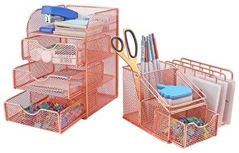 PAG Rose Gold Desk Organizer Pen Holder Office Supplies and Accessories Storage Caddy with Drawers, Set of 2 - Image 4