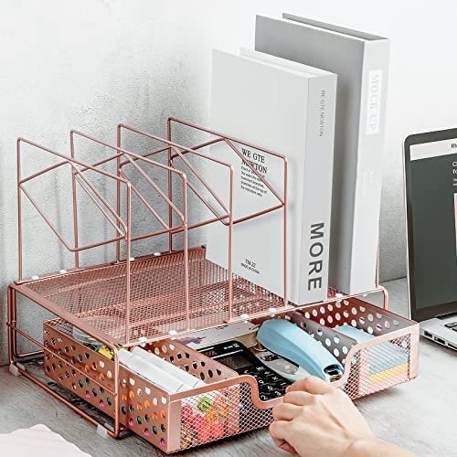 AUPSEN Desk Organizers and Accessories - Desktop Organizer for Woman, 5-Sections File Sorters + 1 Large Sliding Drawer, Office (Rose Gold) - Image 6
