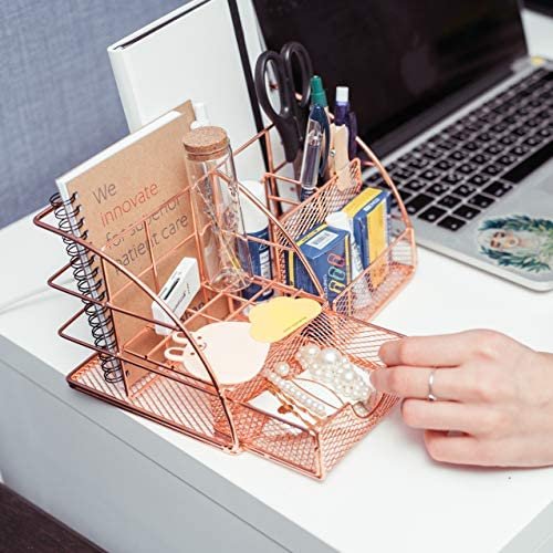 Rose Gold Desk Organizer for Women Cute Home Office Accessories & Supplies Decor, Girly Desktop Stationary Essentials Organization Set, Mesh Caddy Storage 5 Compartments +1 Mini Sliding Drawer - Image 5