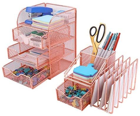 PAG Rose Gold Desk Organizer Pen Holder Office Supplies and Accessories Storage Caddy with Drawers, Set of 2 - Image 2