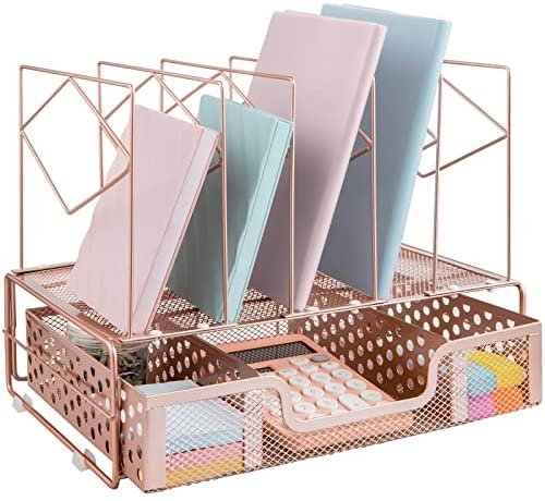 AUPSEN Desk Organizers and Accessories - Desktop Organizer for Woman, 5-Sections File Sorters + 1 Large Sliding Drawer, Office (Rose Gold) - Image 5