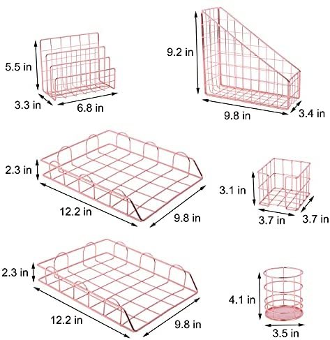 Desk Organizer Set for Women, 6 Piece Exquisite Cute Rose Gold Office Accessories, with 2 File Trays, Magazine Storage Rack,Mail Sorter, Note Holder Pen Cup. Suitable for Office, School, Home - Image 8