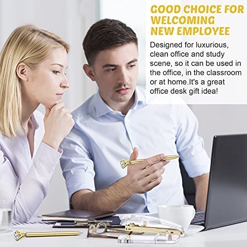 Desk Accessory Kit Set of Desktop Stapler Tape Dispenser Clips Clip Holder 2 Diamond Ballpoint Pens and 6 Blinder Clips for School Office Stationery Desk Home Supplies (Gold with Marble Pattern) - Image 7