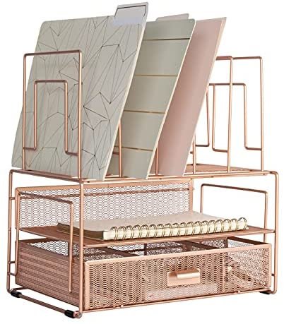 Blu Monaco Workspace Rose Gold Desk Organizers and Storage Accessories Desktop Rack File Organizer with File sorters and Drawer for Office Supplies, Paper, Device and Folder - Image 2