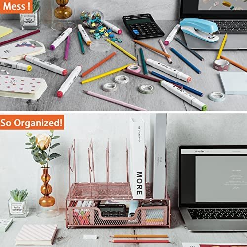 AUPSEN Desk Organizers and Accessories - Desktop Organizer for Woman, 5-Sections File Sorters + 1 Large Sliding Drawer, Office (Rose Gold) - Image 4