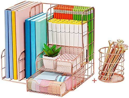 Marbrasse Rose Gold Desk Organizer | Set of 2 Desktop Organizer, Rose Gold Desk Accessories for Women, Large Capacity Metal Supplies Organizer with Pencil Holder for Home & Office Desktop Organization & Decor - Image 2