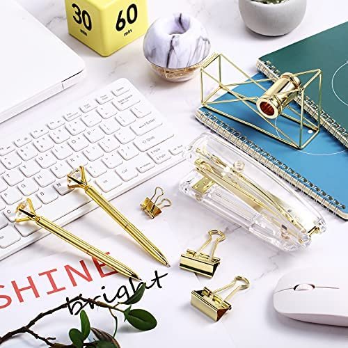 Desk Accessory Kit Set of Desktop Stapler Tape Dispenser Clips Clip Holder 2 Diamond Ballpoint Pens and 6 Blinder Clips for School Office Stationery Desk Home Supplies (Gold with Marble Pattern) - Image 5