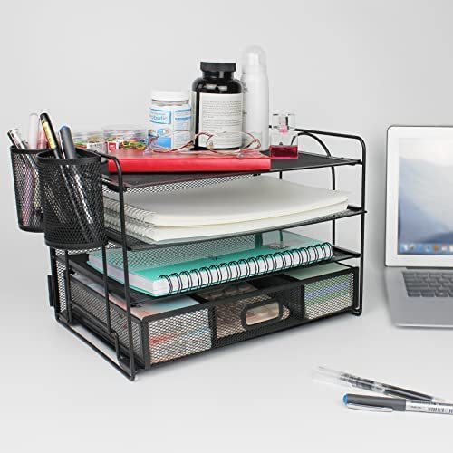 FancoYard Desk Organizers Set, Mesh Office Supplies Paper File Organizer for Desk with Pen Holder, Notebook, Pencil Storage Accessories with 4 Trays + Sliding Drawer, Black - Image 7