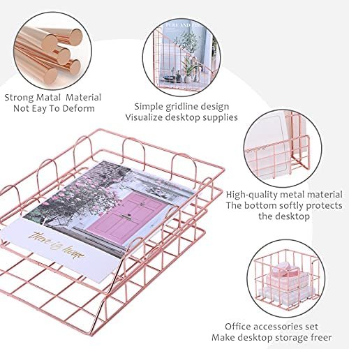 Desk Organizer Set for Women, 6 Piece Exquisite Cute Rose Gold Office Accessories, with 2 File Trays, Magazine Storage Rack,Mail Sorter, Note Holder Pen Cup. Suitable for Office, School, Home - Image 7
