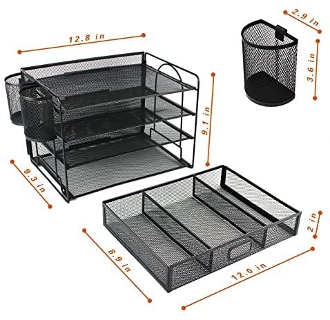 FancoYard Desk Organizers Set, Mesh Office Supplies Paper File Organizer for Desk with Pen Holder, Notebook, Pencil Storage Accessories with 4 Trays + Sliding Drawer, Black - Image 5
