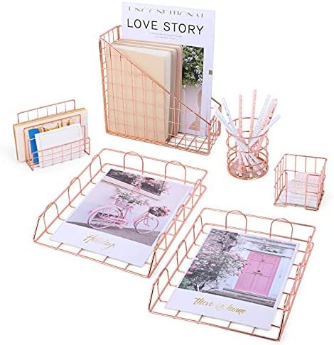 Desk Organizer Set for Women, 6 Piece Exquisite Cute Rose Gold Office Accessories, with 2 File Trays, Magazine Storage Rack,Mail Sorter, Note Holder Pen Cup. Suitable for Office, School, Home - Image 2