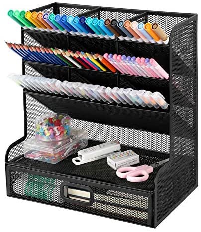 Mesh Desk Organizer, Pen Holder Desktop Organizer Storage with Drawer Marker Pencil Storage for Office School Home Art Supplies - Image 2