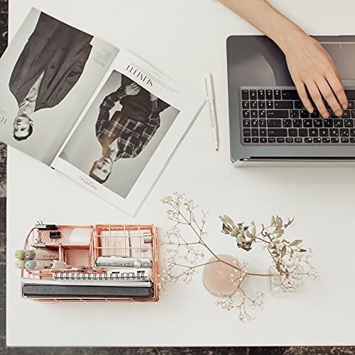 Rose Gold Desk Organizer for Women Cute Home Office Accessories & Supplies Decor, Girly Desktop Stationary Essentials Organization Set, Mesh Caddy Storage 5 Compartments +1 Mini Sliding Drawer - Image 9