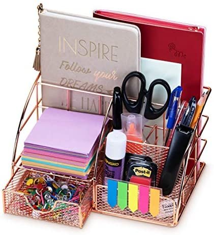 Rose Gold Desk Organizer for Women Cute Home Office Accessories & Supplies Decor, Girly Desktop Stationary Essentials Organization Set, Mesh Caddy Storage 5 Compartments +1 Mini Sliding Drawer - Image 2