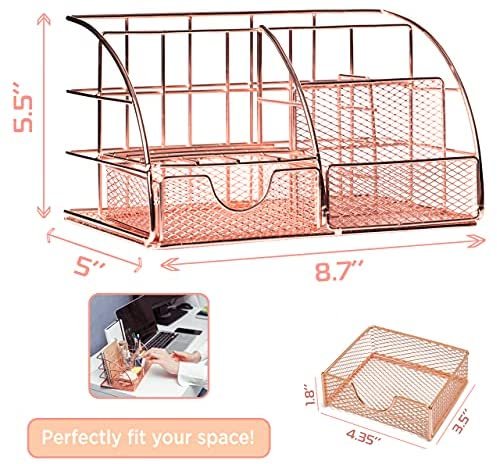 Rose Gold Desk Organizer for Women Cute Home Office Accessories & Supplies Decor, Girly Desktop Stationary Essentials Organization Set, Mesh Caddy Storage 5 Compartments +1 Mini Sliding Drawer - Image 7