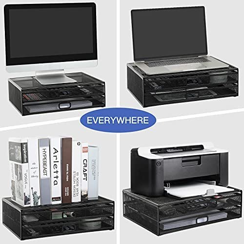 Monitor Stand Riser with Drawer - Mesh Metal Desk Organizer PC, Laptop, Notebook, Printer Holder with Pull Out Storage Drawer by HUANUO - Image 3