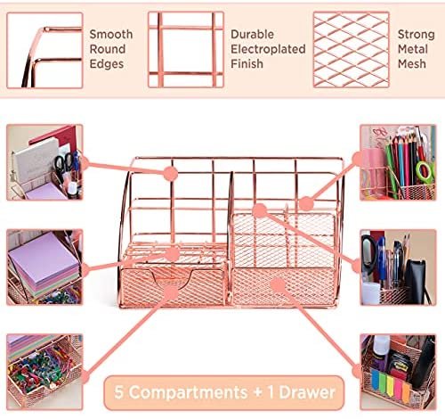 Rose Gold Desk Organizer for Women Cute Home Office Accessories & Supplies Decor, Girly Desktop Stationary Essentials Organization Set, Mesh Caddy Storage 5 Compartments +1 Mini Sliding Drawer - Image 3
