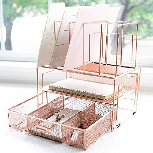 Blu Monaco Workspace Rose Gold Desk Organizers and Storage Accessories Desktop Rack File Organizer with File sorters and Drawer for Office Supplies, Paper, Device and Folder - Image 6