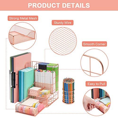 Marbrasse Rose Gold Desk Organizer | Set of 2 Desktop Organizer, Rose Gold Desk Accessories for Women, Large Capacity Metal Supplies Organizer with Pencil Holder for Home & Office Desktop Organization & Decor - Image 3