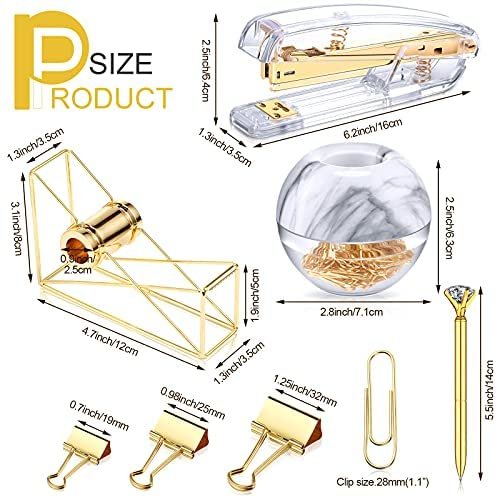 Desk Accessory Kit Set of Desktop Stapler Tape Dispenser Clips Clip Holder 2 Diamond Ballpoint Pens and 6 Blinder Clips for School Office Stationery Desk Home Supplies (Gold with Marble Pattern) - Image 3