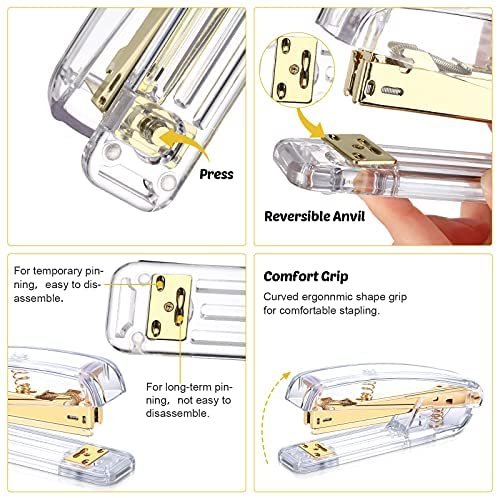 Desk Accessory Kit Set of Desktop Stapler Tape Dispenser Clips Clip Holder 2 Diamond Ballpoint Pens and 6 Blinder Clips for School Office Stationery Desk Home Supplies (Gold with Marble Pattern) - Image 4
