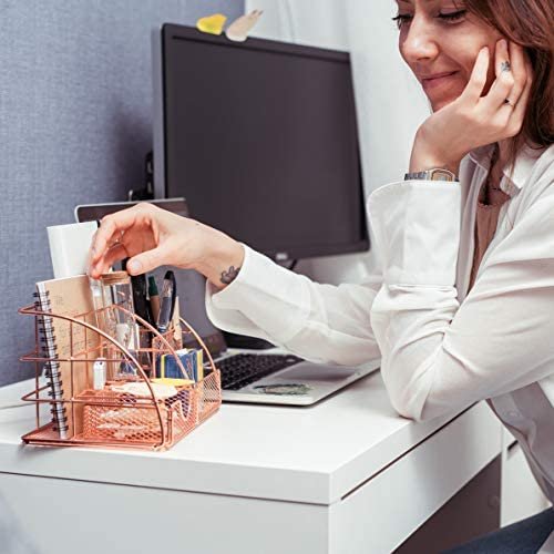 Rose Gold Desk Organizer for Women Cute Home Office Accessories & Supplies Decor, Girly Desktop Stationary Essentials Organization Set, Mesh Caddy Storage 5 Compartments +1 Mini Sliding Drawer - Image 6