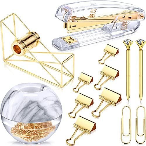 Desk Accessory Kit Set of Desktop Stapler Tape Dispenser Clips Clip Holder 2 Diamond Ballpoint Pens and 6 Blinder Clips for School Office Stationery Desk Home Supplies (Gold with Marble Pattern) - Image 2