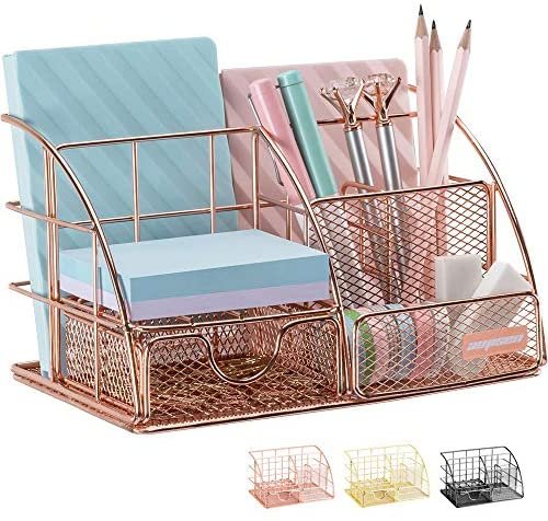Rose Gold Desk Organizer for Women, AUPSEN Mesh Office Supplies Desk Accessories, Features 5 Compartments + 1 Mini Sliding Drawer - Image 2
