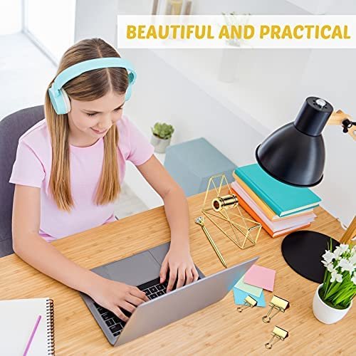 Desk Accessory Kit Set of Desktop Stapler Tape Dispenser Clips Clip Holder 2 Diamond Ballpoint Pens and 6 Blinder Clips for School Office Stationery Desk Home Supplies (Gold with Marble Pattern) - Image 6