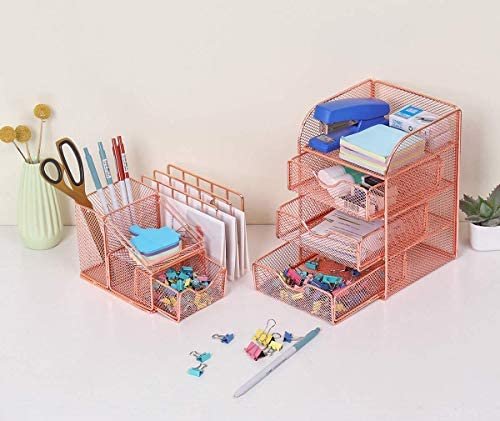 PAG Rose Gold Desk Organizer Pen Holder Office Supplies and Accessories Storage Caddy with Drawers, Set of 2 - Image 6