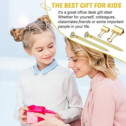 Desk Accessory Kit Set of Desktop Stapler Tape Dispenser Clips Clip Holder 2 Diamond Ballpoint Pens and 6 Blinder Clips for School Office Stationery Desk Home Supplies (Gold with Marble Pattern) - Image 8