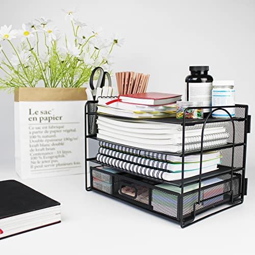 FancoYard Desk Organizers Set, Mesh Office Supplies Paper File Organizer for Desk with Pen Holder, Notebook, Pencil Storage Accessories with 4 Trays + Sliding Drawer, Black - Image 8